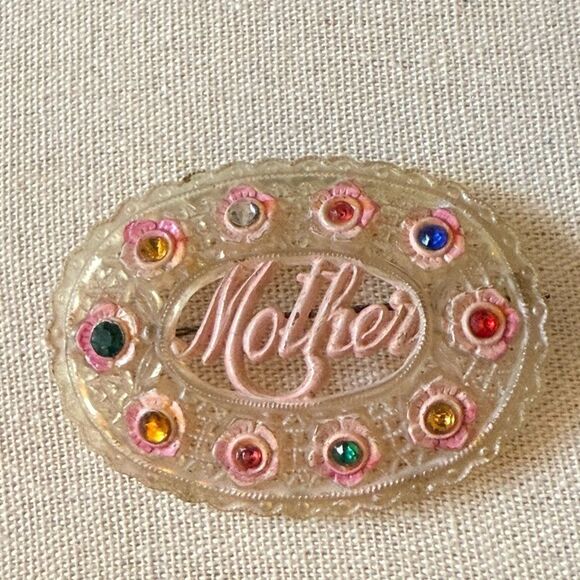 Antique Oval Celluloid MOTHER BROOCH with Colorful Rhinestones. - Picture 1 of 3